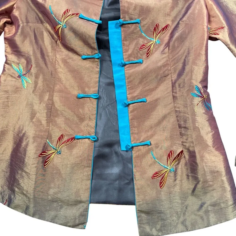 Miniye Jacket Asian Inspired Silk Blend Jacket Lined Dragonflies‎ 3/4 Sleeve